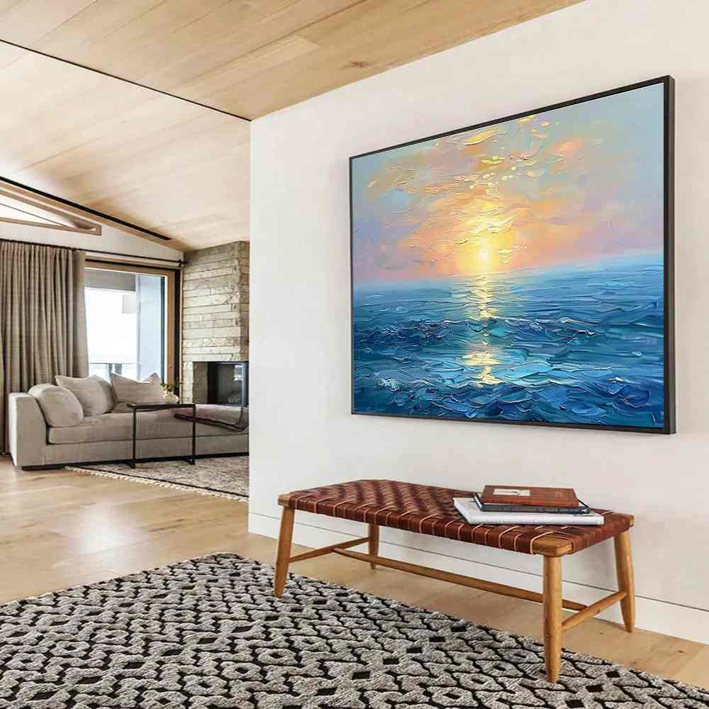 Coastal Handmade Hand-painted Sunset They Impressionistic Canvas Artwork 4T9ZX